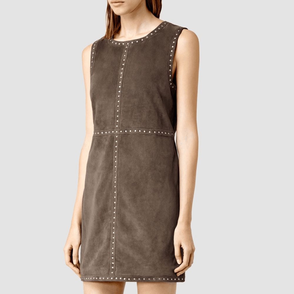 Allsaints Brown Airforce Goat Leather Suede Erin Studded Mini Dress Women's 00